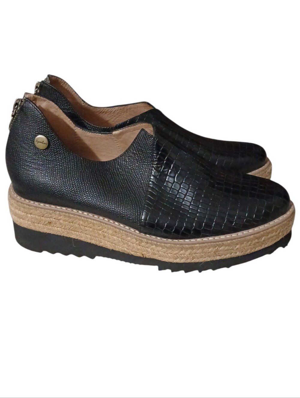 Aqualina | Black Leather Platform Espadrille Slip-On with Croc-Texture Size 9.5